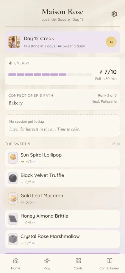 Home — Atelier with streak banner and Sweet 5 widget